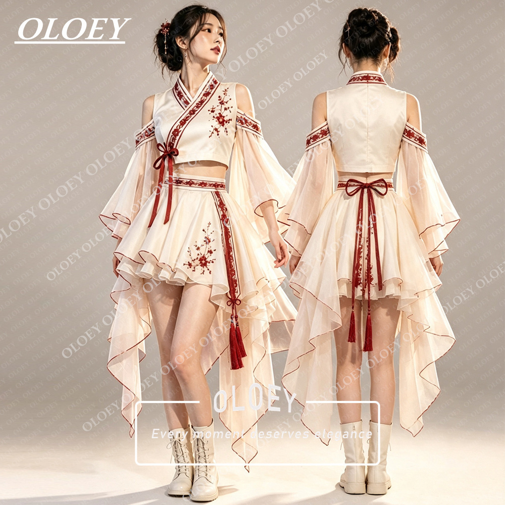 Hanbok Modern Set - OLOEY Moderne Rode Borduurwerk Ivoor Korte