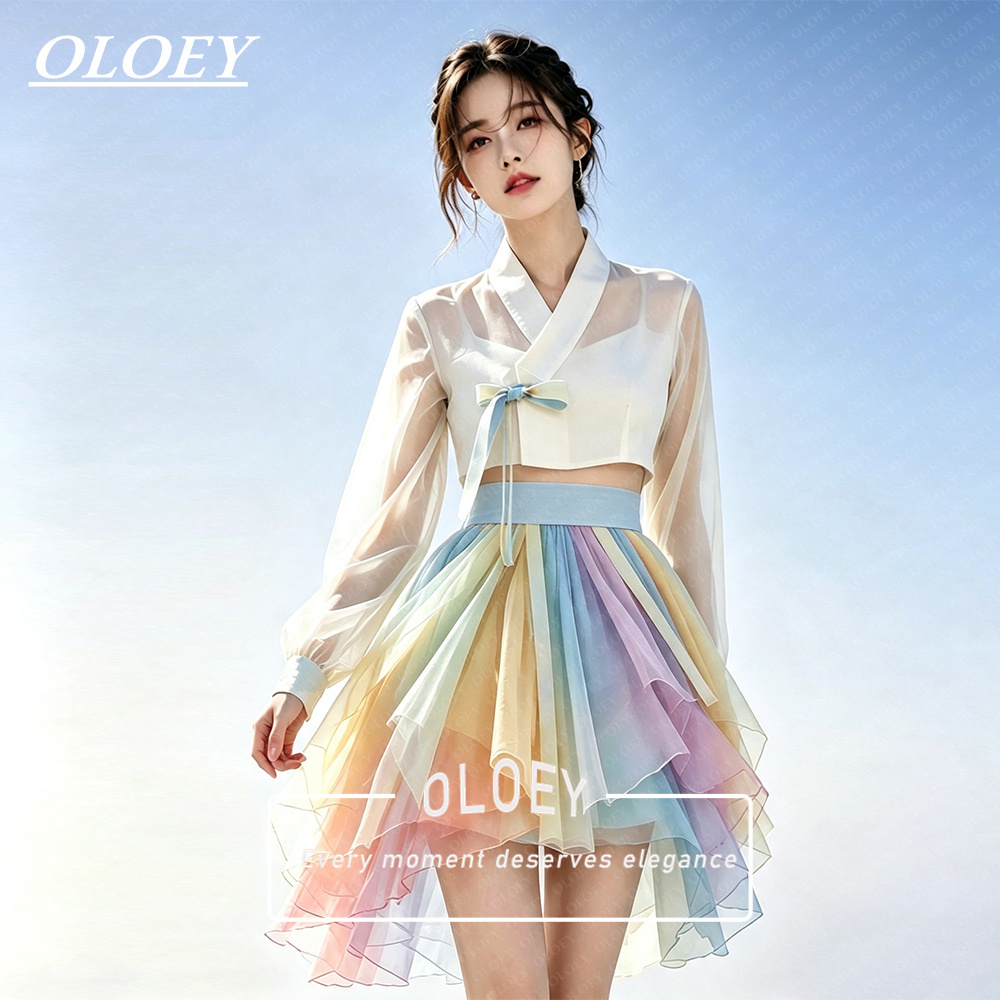 Hanbok Modern Set - OLOEY Moderne 3-delige korte concert-hanbokset, kleurrijke